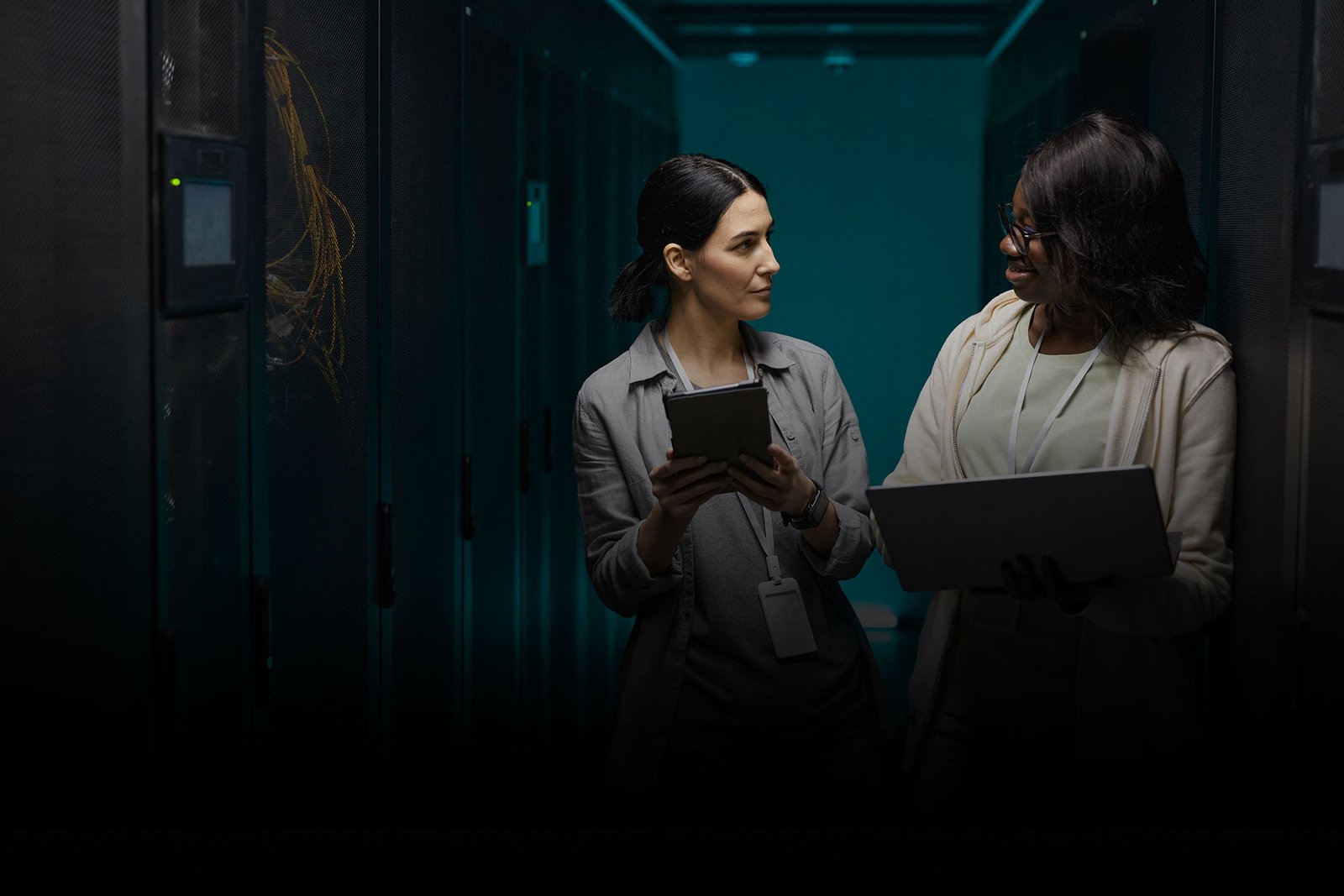 IT engineers working in a server room